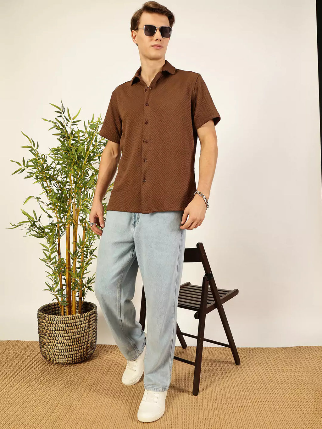 Thomas Scott Men Classic Spread Collar Textured Printed Oversized Casual Shirt