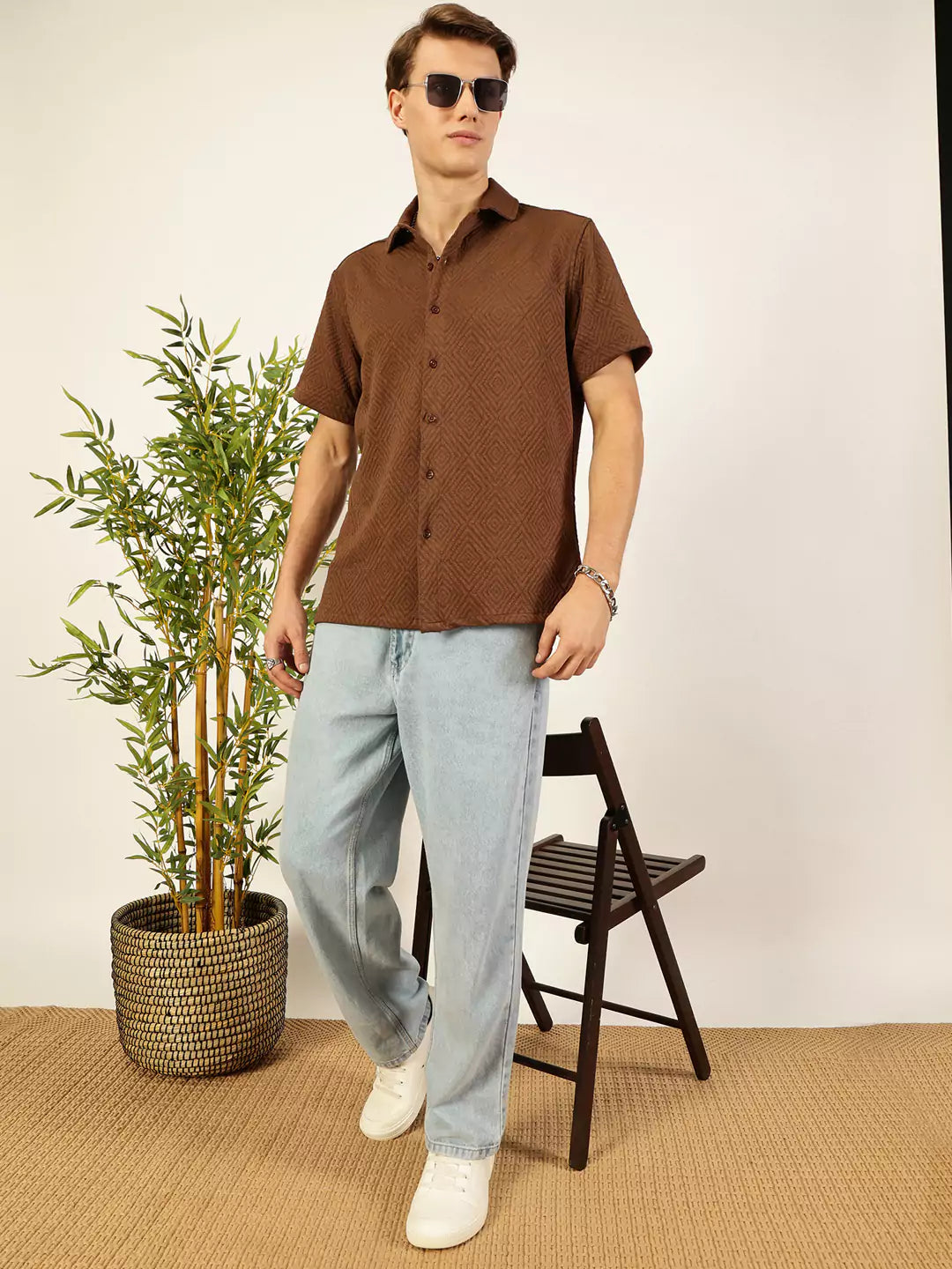 Thomas Scott Men Classic Spread Collar Textured Printed Oversized Casual Shirt
