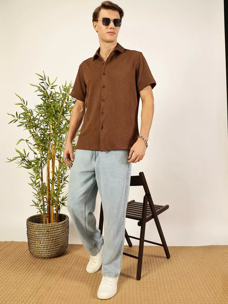 Thomas Scott Men Classic Spread Collar Textured Printed Oversized Casual Shirt