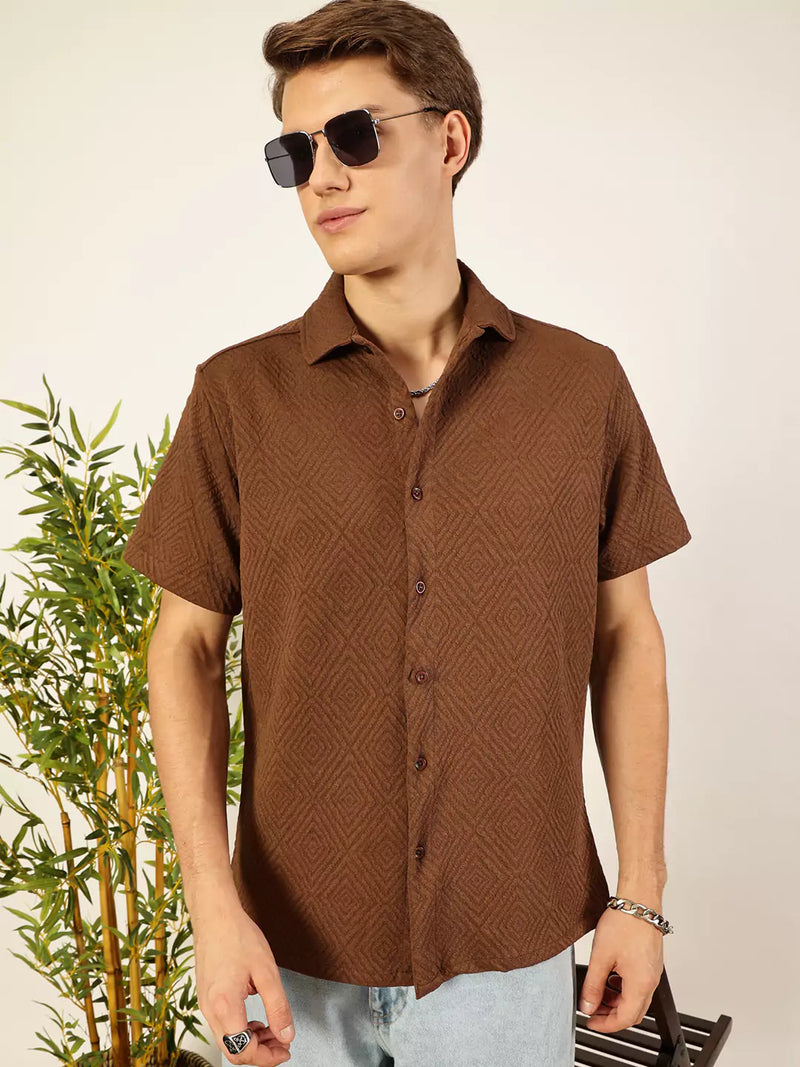 Thomas Scott Men Classic Spread Collar Textured Printed Oversized Casual Shirt