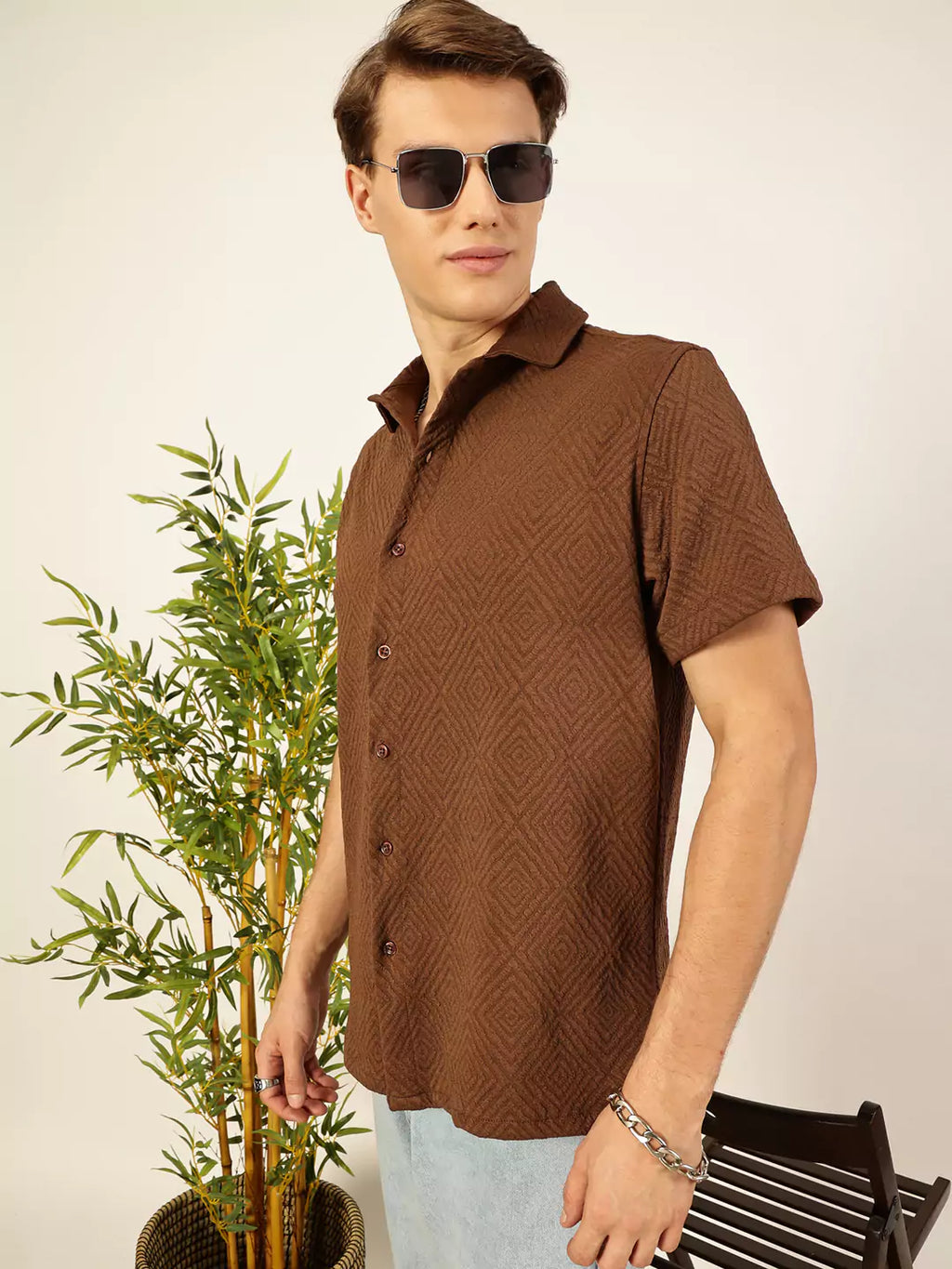 Thomas Scott Men Classic Spread Collar Textured Printed Oversized Casual Shirt