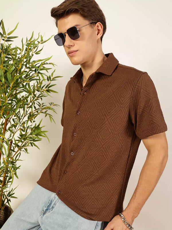 Brown Classic Spread Collar Textured Printed Oversized Casual Shirt For Men