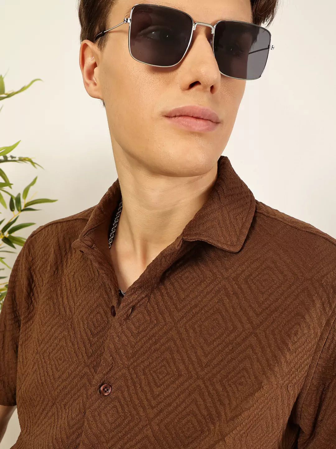 Thomas Scott Men Classic Spread Collar Textured Printed Oversized Casual Shirt