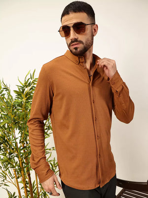 Thomas Scott Men Premium Slim Fit Vertical Stripes Textured Casual Shirt