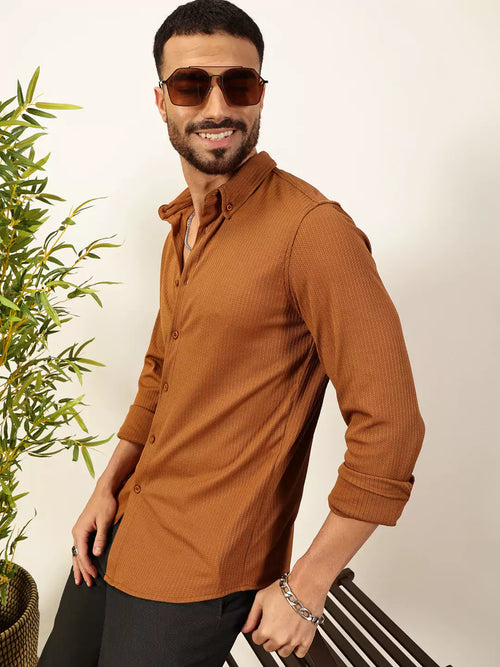 Thomas Scott Men Premium Slim Fit Vertical Stripes Textured Casual Shirt