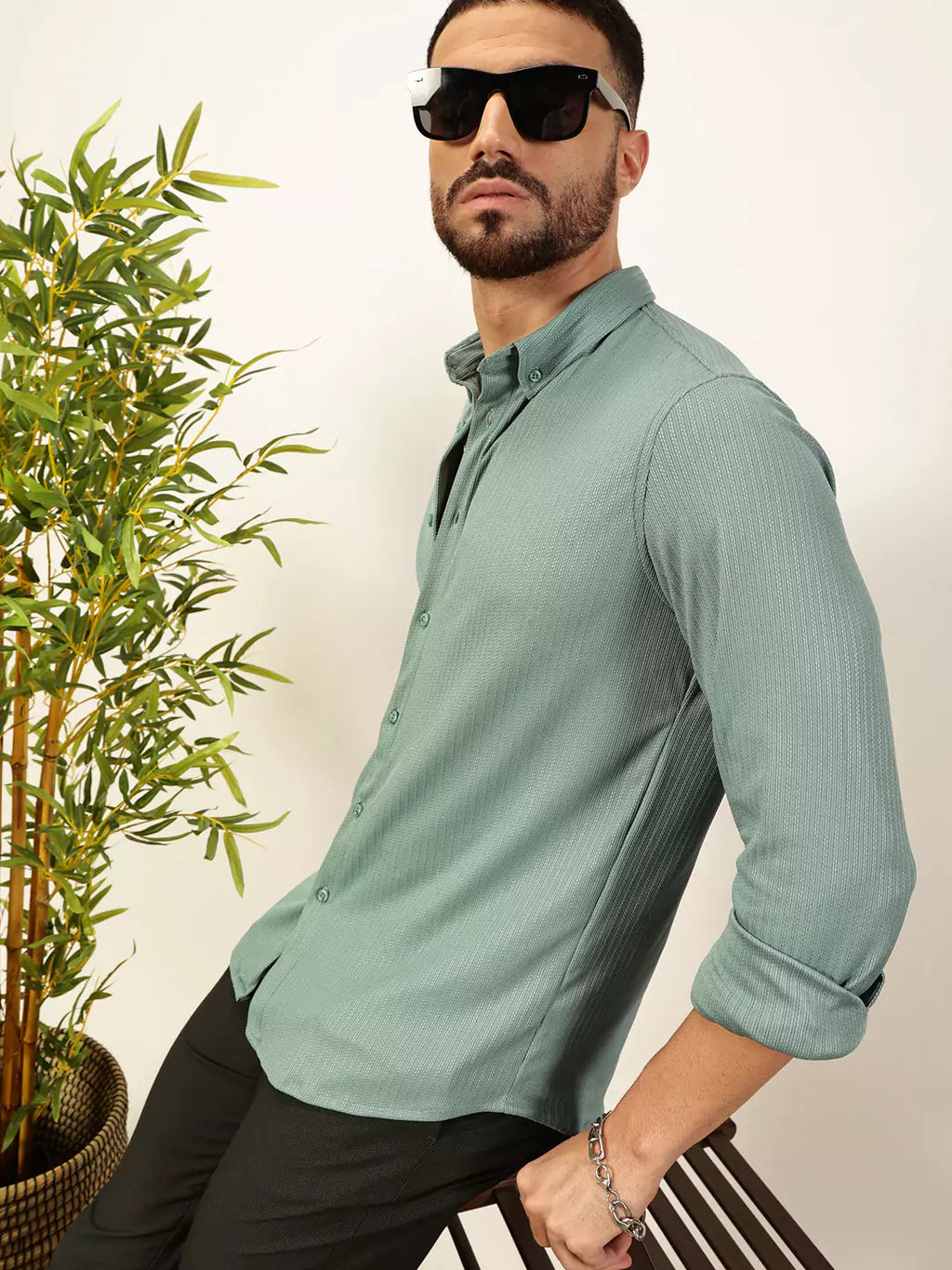 Thomas Scott Men Premium Slim Fit Vertical Stripes Textured Casual Shirt
