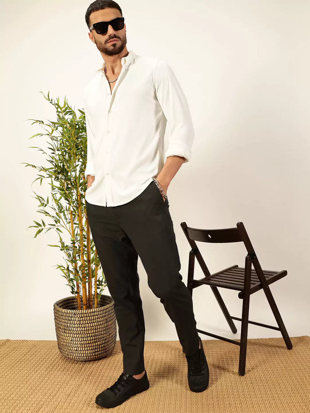 Thomas Scott Men Premium Slim Fit Vertical Stripes Textured Casual Shirt