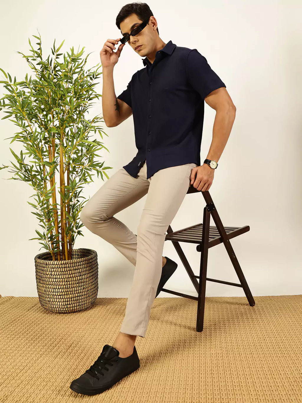 Thomas Scott Men Premium Slim Fit Vertical Stripes Textured Casual Shirt
