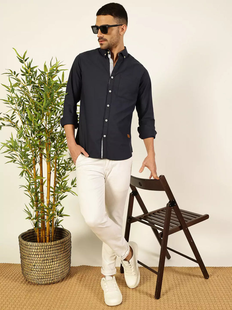 Thomas Scott Men Premium Button-Down Collar Solid Cotton Slim Fit Casual Shirt