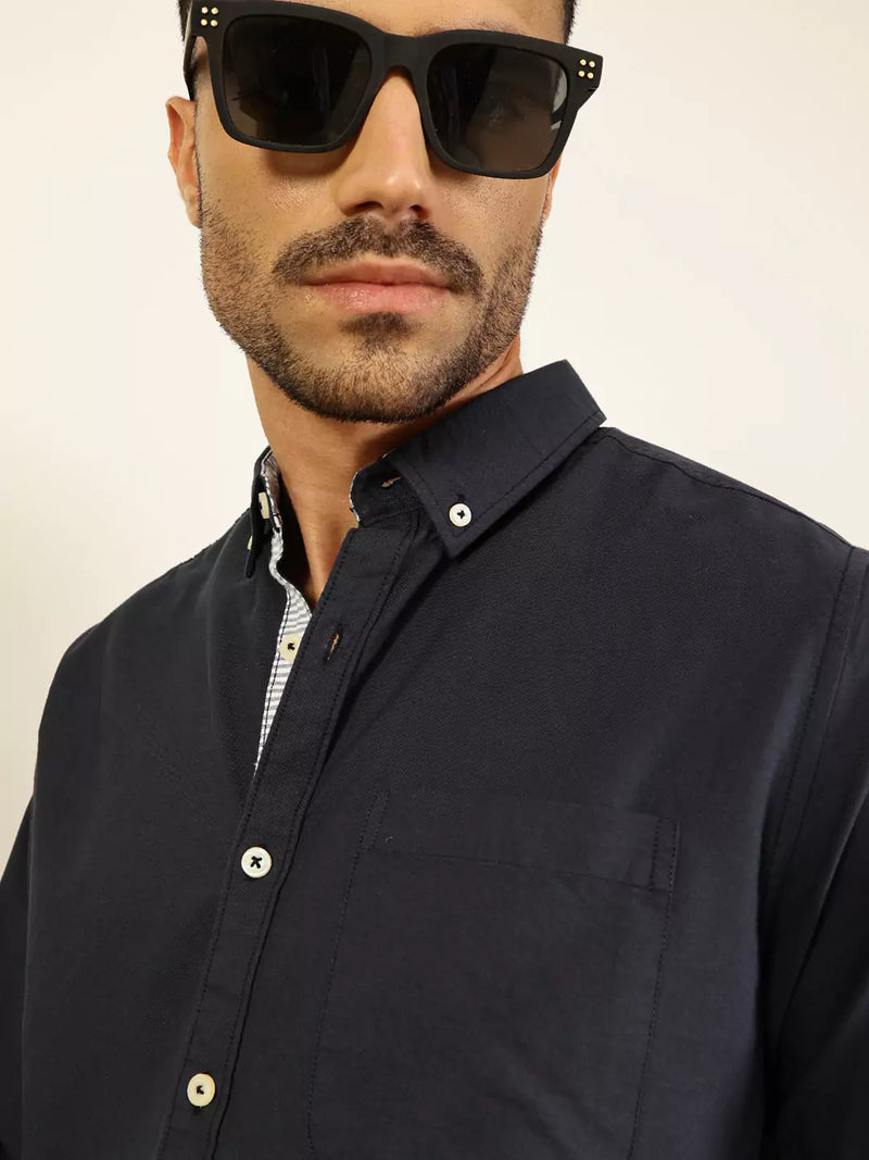 Thomas Scott Men Premium Button-Down Collar Solid Cotton Slim Fit Casual Shirt
