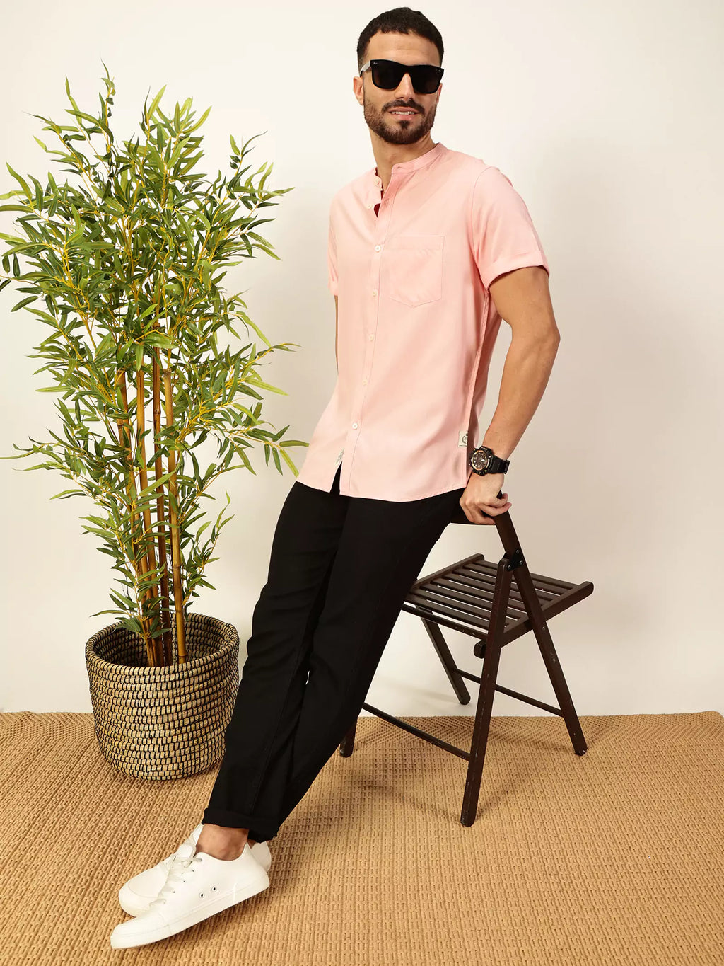 Thomas Scott Men Premium Solid Mandarin Collar Casual Shirt