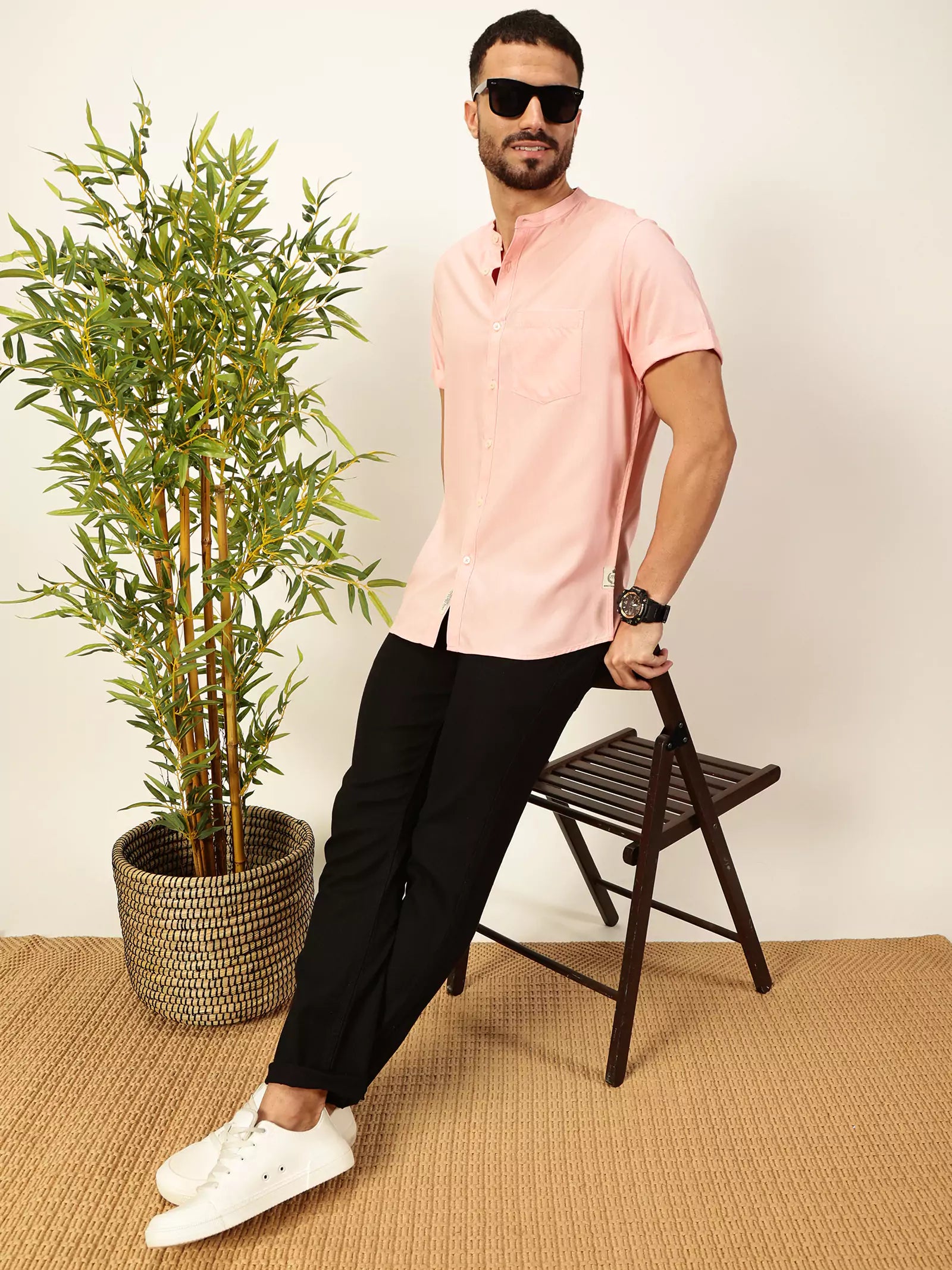 Thomas Scott Men Premium Solid Mandarin Collar Casual Shirt