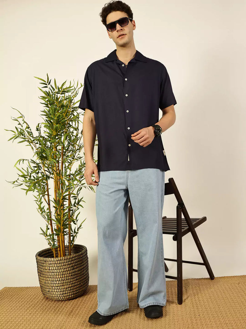 Thomas Scott Men Premium Cuban Collar Solid Oversized Casual Shirt