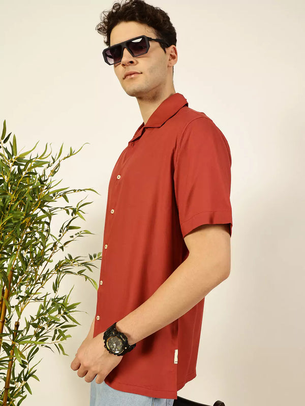 Rust Premium Cuban Collar Solid Oversized Casual Shirt For Men