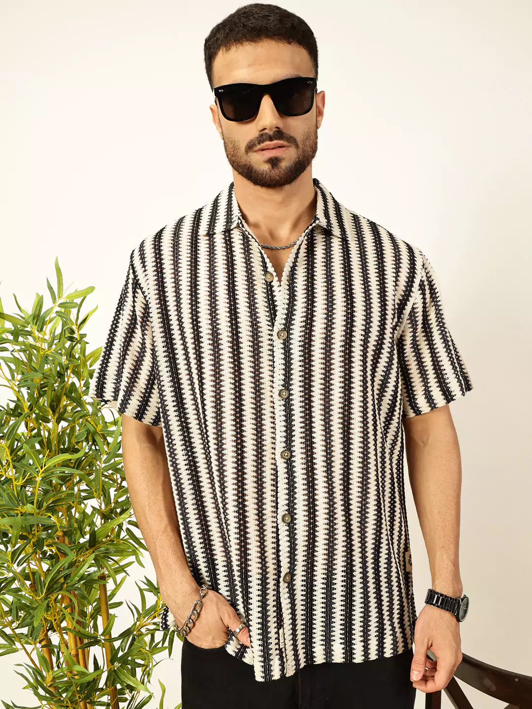 Thomas Scott Men Vertical Stripes Self Design Regular Fit Semi-Sheer Casual Crochet Shirt