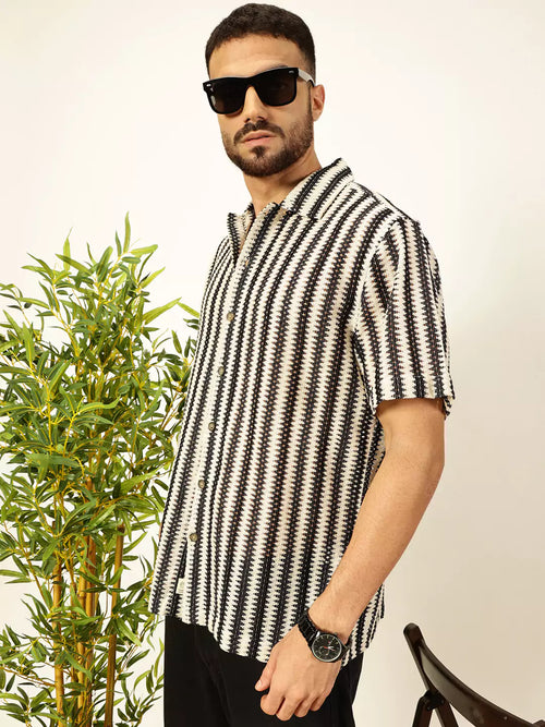 Thomas Scott Men Vertical Stripes Self Design Regular Fit Semi-Sheer Casual Crochet Shirt