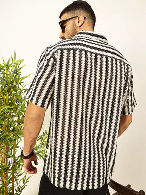 Thomas Scott Men Vertical Stripes Self Design Regular Fit Semi-Sheer Casual Crochet Shirt