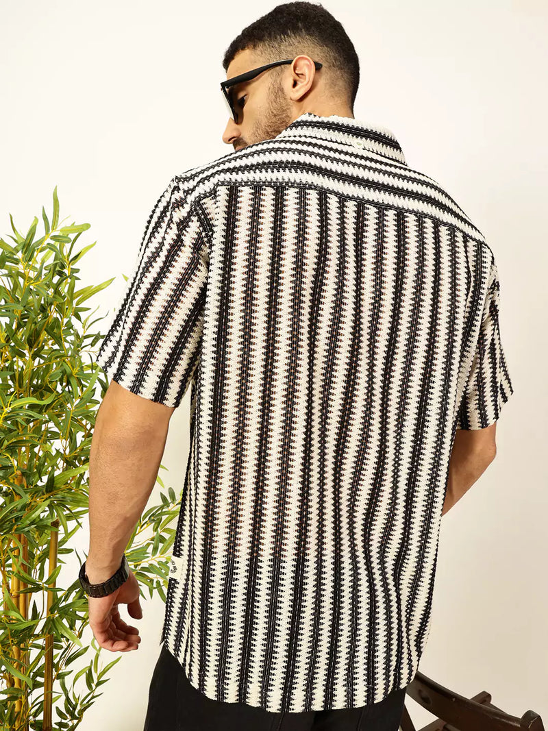 Thomas Scott Men Vertical Stripes Self Design Regular Fit Semi-Sheer Casual Crochet Shirt