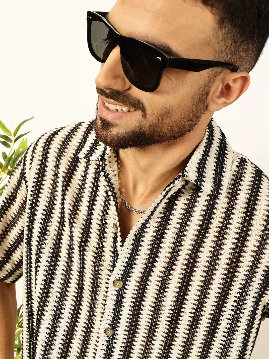 Thomas Scott Men Vertical Stripes Self Design Regular Fit Semi-Sheer Casual Crochet Shirt