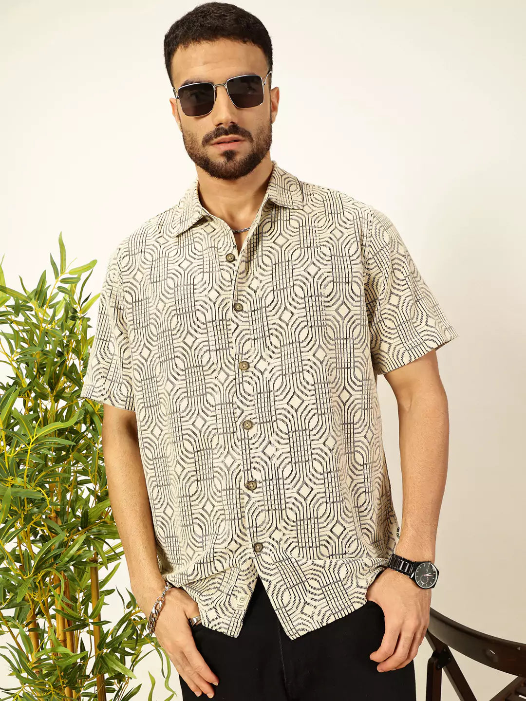 Thomas Scott Men Self Design Textured Cotton Regular Fit Semi-Sheer Casual Crochet Shirt