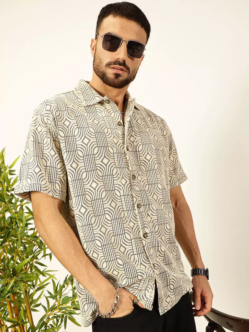 Thomas Scott Men Self Design Textured Cotton Regular Fit Semi-Sheer Casual Crochet Shirt