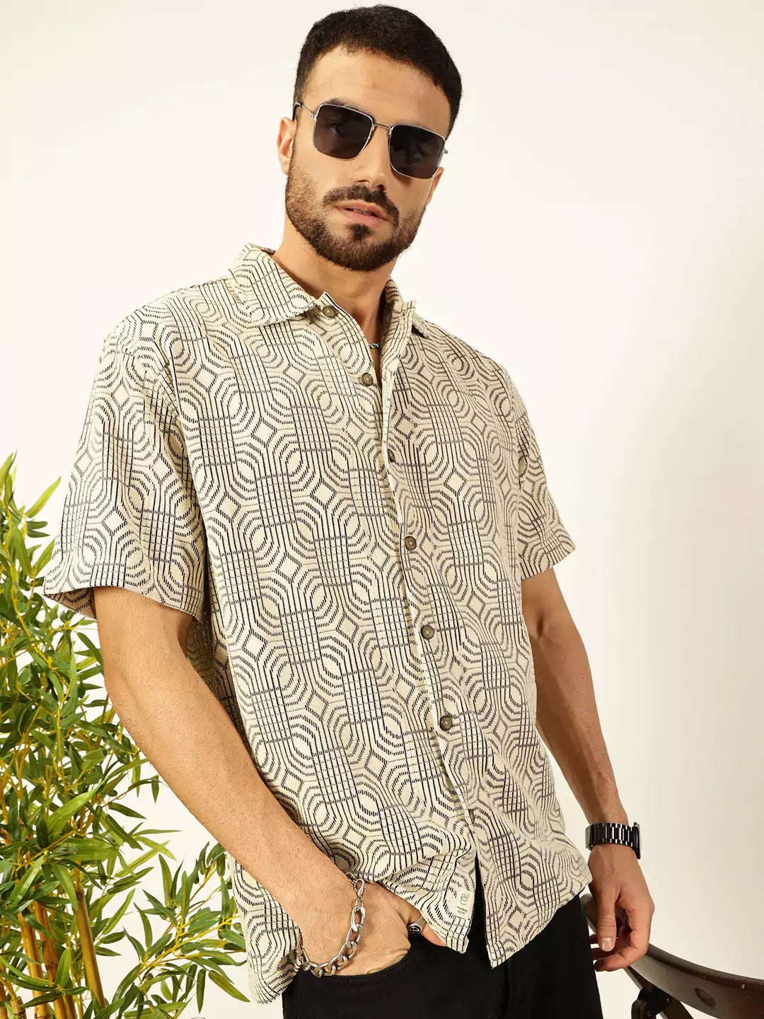 Thomas Scott Men Self Design Textured Cotton Regular Fit Semi-Sheer Casual Crochet Shirt