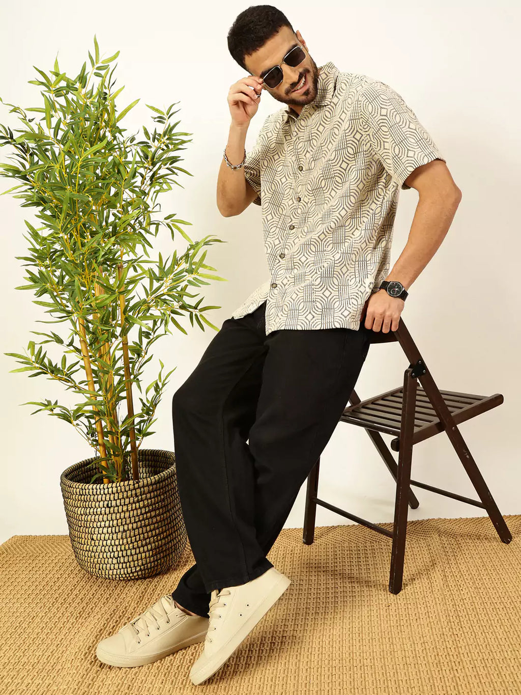 Thomas Scott Men Self Design Textured Cotton Regular Fit Semi-Sheer Casual Crochet Shirt