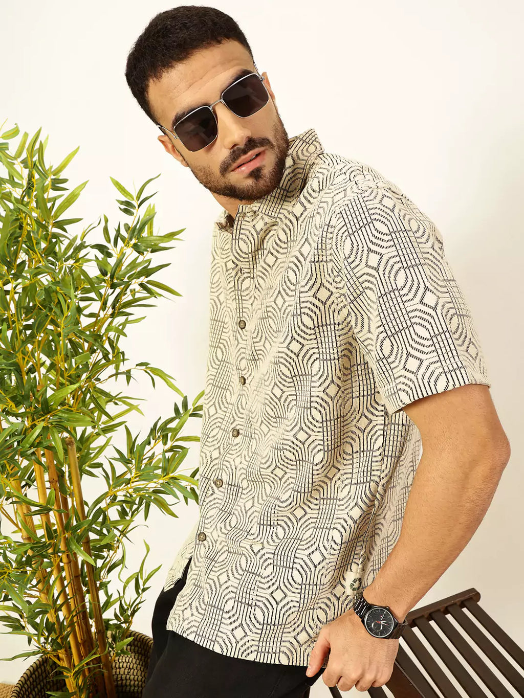 Thomas Scott Men Self Design Textured Cotton Regular Fit Semi-Sheer Casual Crochet Shirt