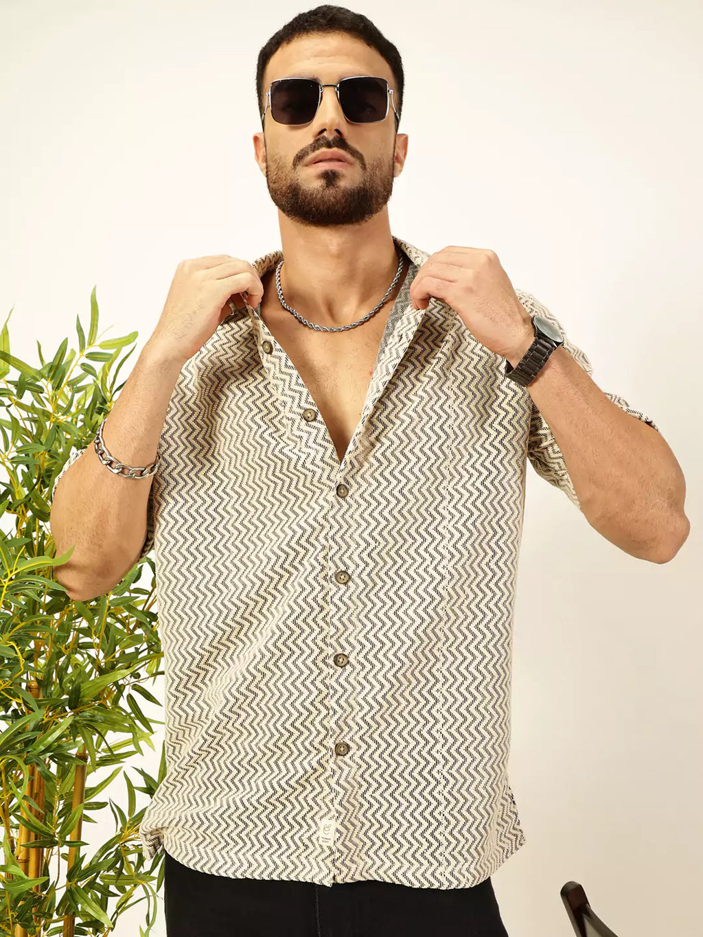 Thomas Scott Men Vertical Stripes Striped Regular Fit Semi-Sheer Casual Crochet Shirt