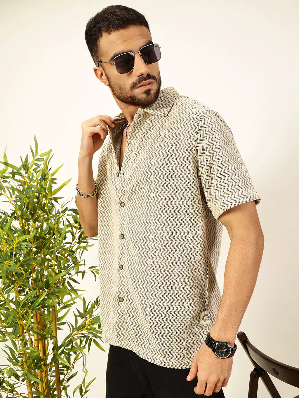 Thomas Scott Men Vertical Stripes Striped Regular Fit Semi-Sheer Casual Crochet Shirt