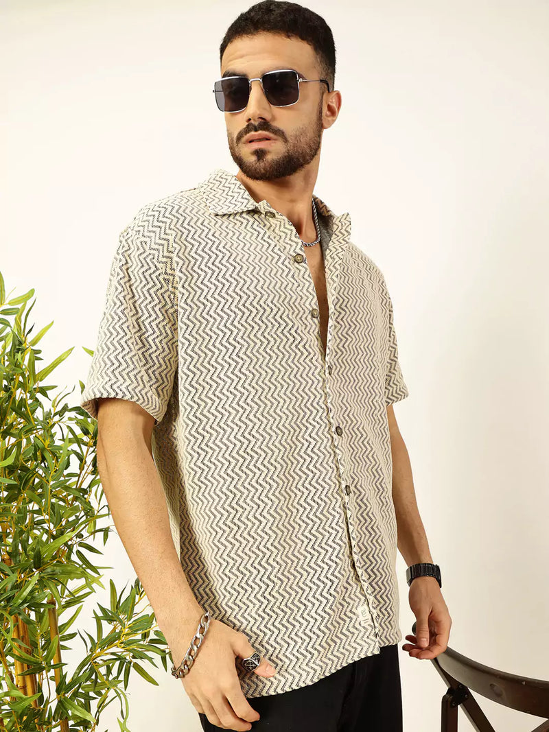 Thomas Scott Men Vertical Stripes Striped Regular Fit Semi-Sheer Casual Crochet Shirt