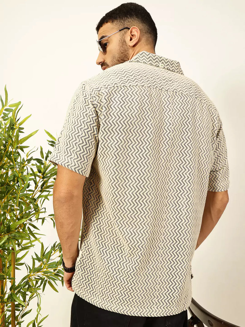 Thomas Scott Men Vertical Stripes Striped Regular Fit Semi-Sheer Casual Crochet Shirt