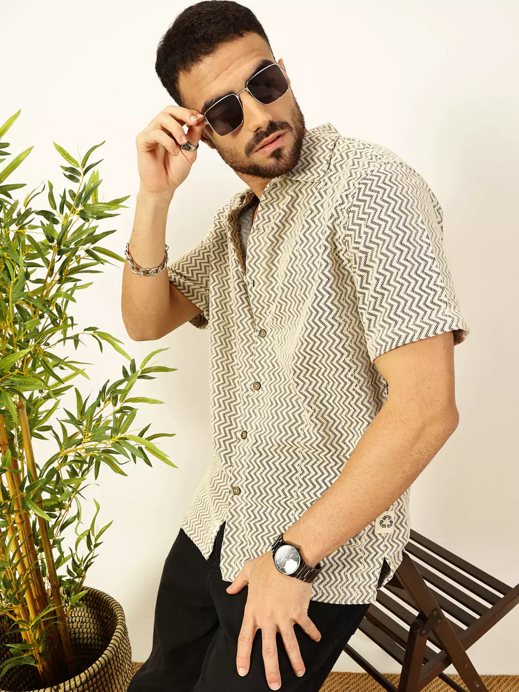 Thomas Scott Men Vertical Stripes Striped Regular Fit Semi-Sheer Casual Crochet Shirt