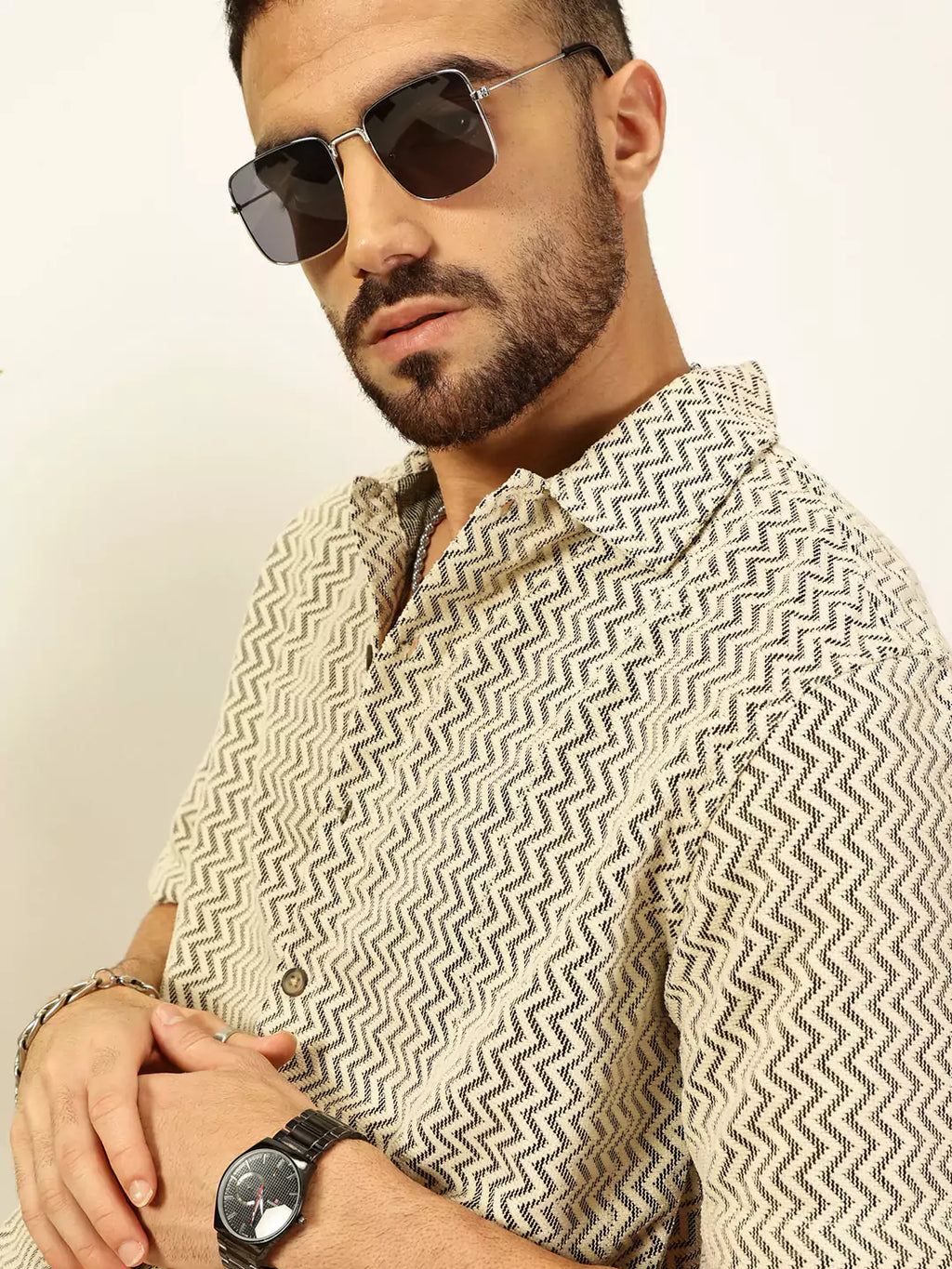 Thomas Scott Men Vertical Stripes Striped Regular Fit Semi-Sheer Casual Crochet Shirt