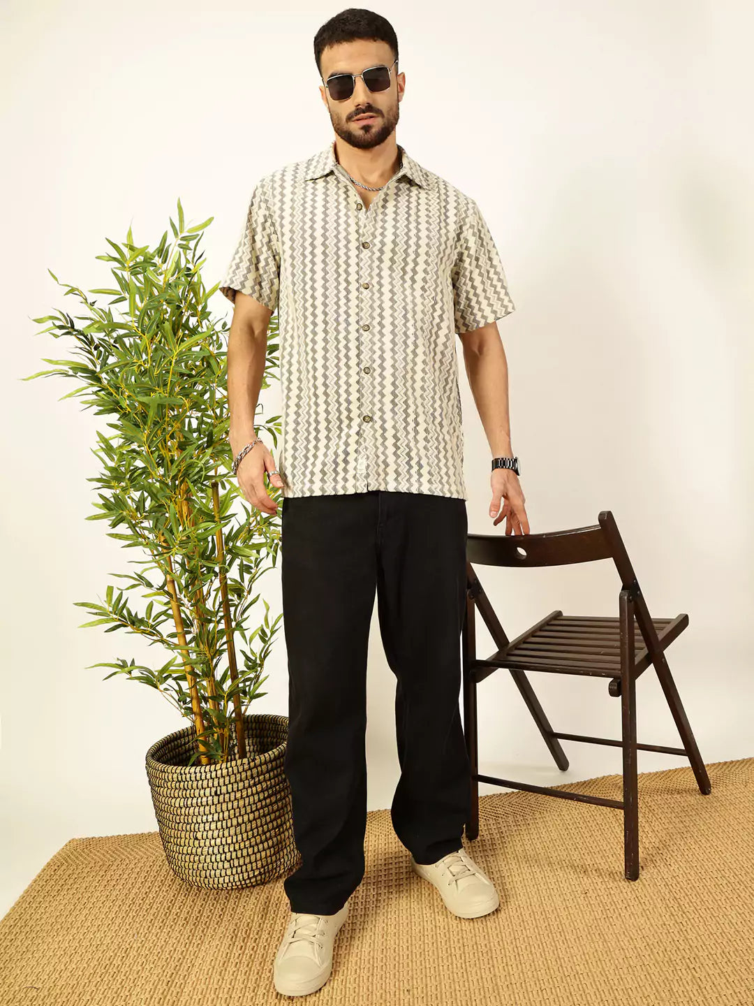 Thomas Scott Men Self Design Chevron Cotton Regular Fit Semi-Sheer Casual Crochet Shirt