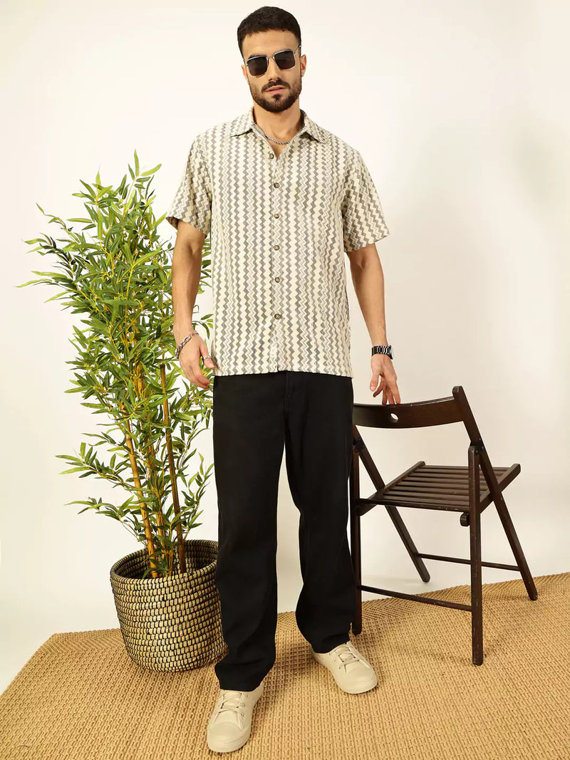 Thomas Scott Men Self Design Chevron Cotton Regular Fit Semi-Sheer Casual Crochet Shirt
