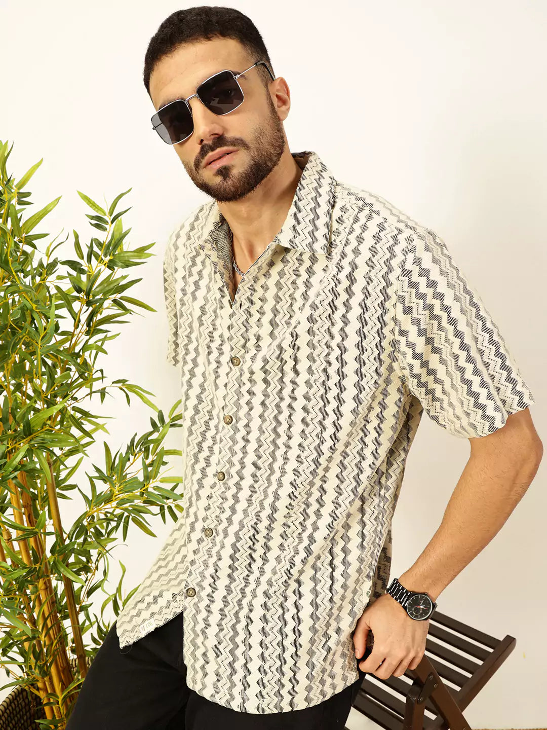 Thomas Scott Men Self Design Chevron Cotton Regular Fit Semi-Sheer Casual Crochet Shirt