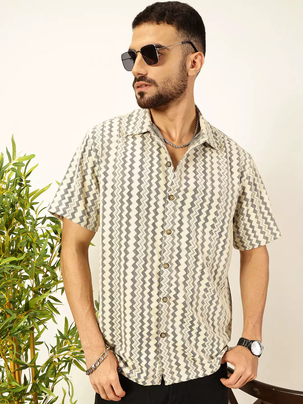 Thomas Scott Men Self Design Chevron Cotton Regular Fit Semi-Sheer Casual Crochet Shirt