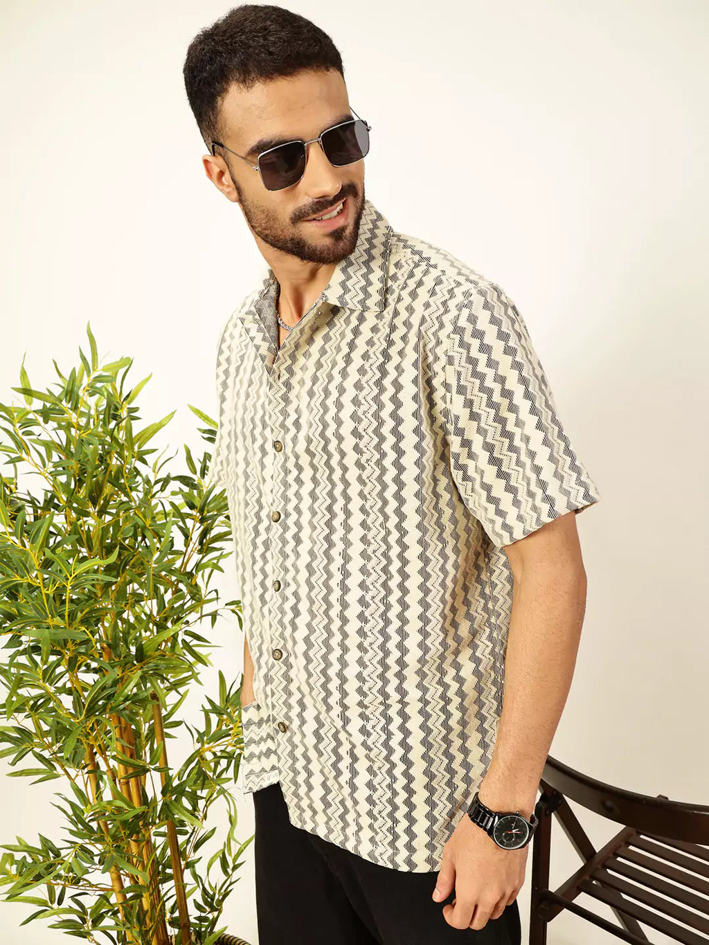 Thomas Scott Men Self Design Chevron Cotton Regular Fit Semi-Sheer Casual Crochet Shirt