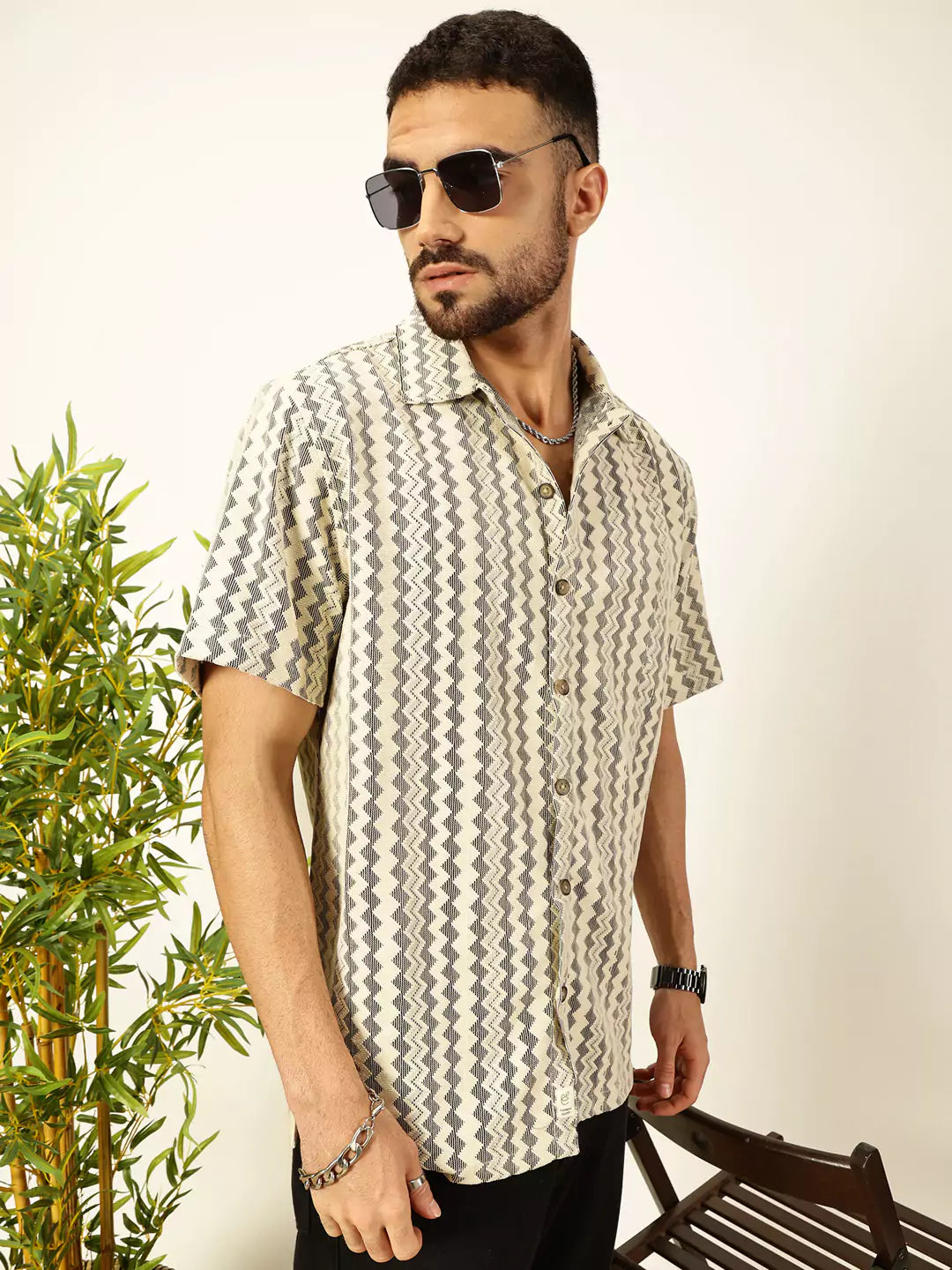 Thomas Scott Men Self Design Chevron Cotton Regular Fit Semi-Sheer Casual Crochet Shirt