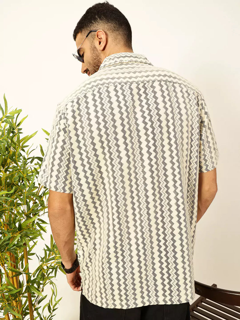 Thomas Scott Men Self Design Chevron Cotton Regular Fit Semi-Sheer Casual Crochet Shirt