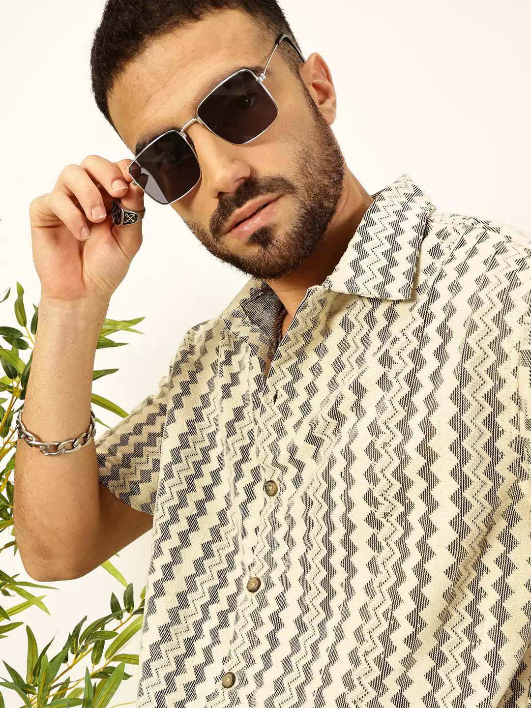 Thomas Scott Men Self Design Chevron Cotton Regular Fit Semi-Sheer Casual Crochet Shirt