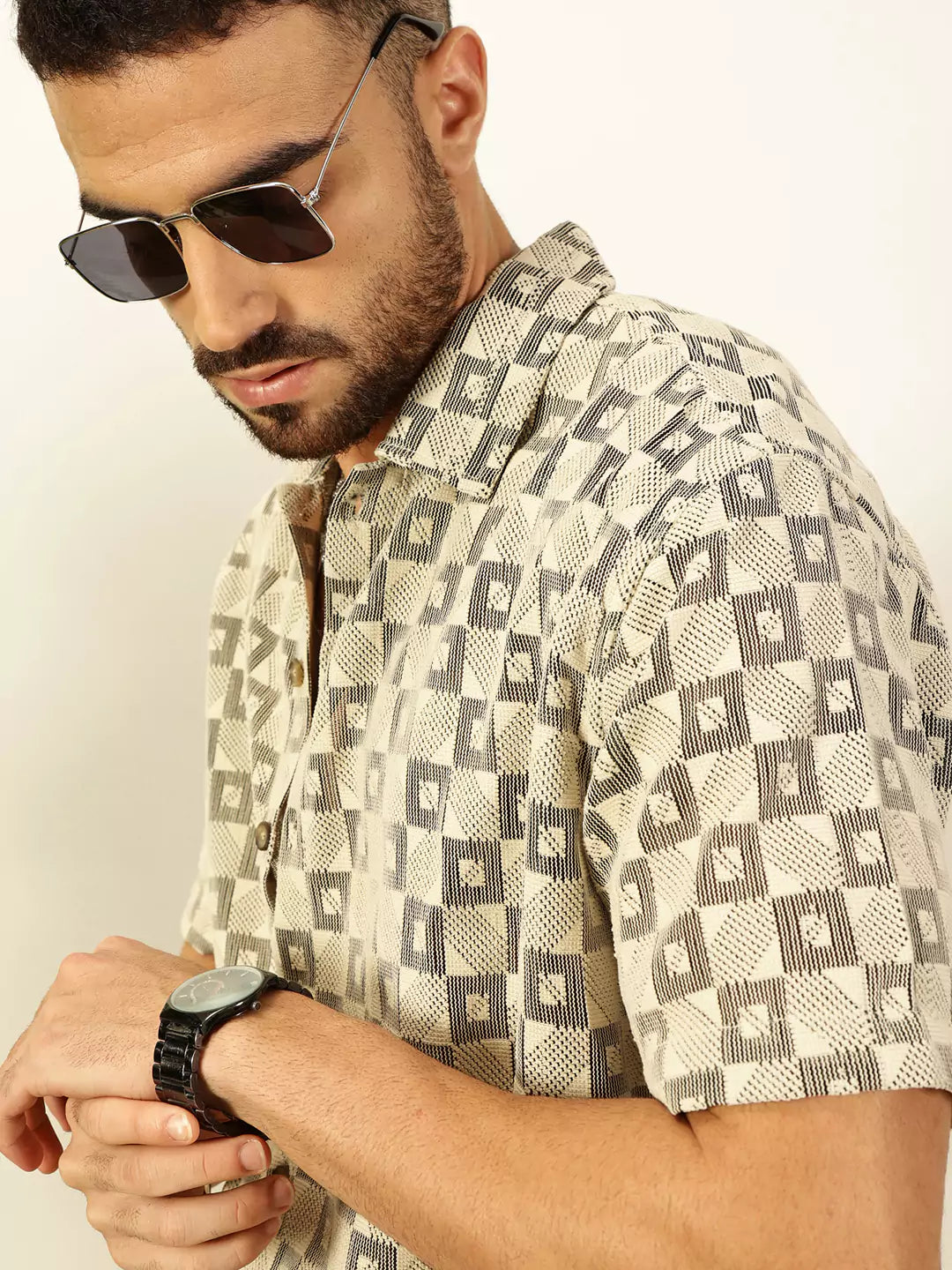 Thomas Scott Men Self Design Textured Cotton Regular Fit Semi-Sheer Casual Crochet Shirt