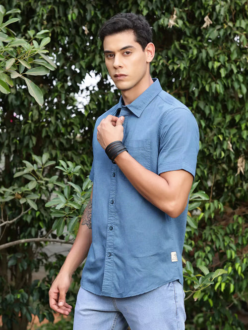 Thomas Scott Men Premium Cotton Linen Spread Collar Casual Shirt