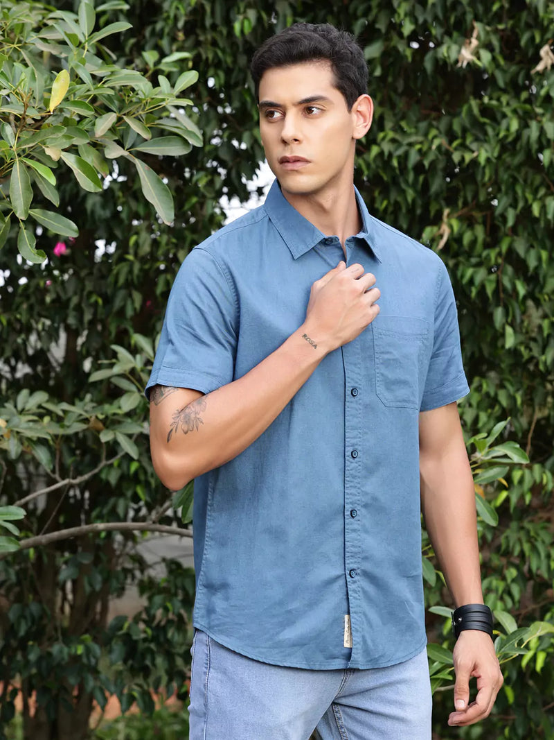 Thomas Scott Men Premium Cotton Linen Spread Collar Casual Shirt