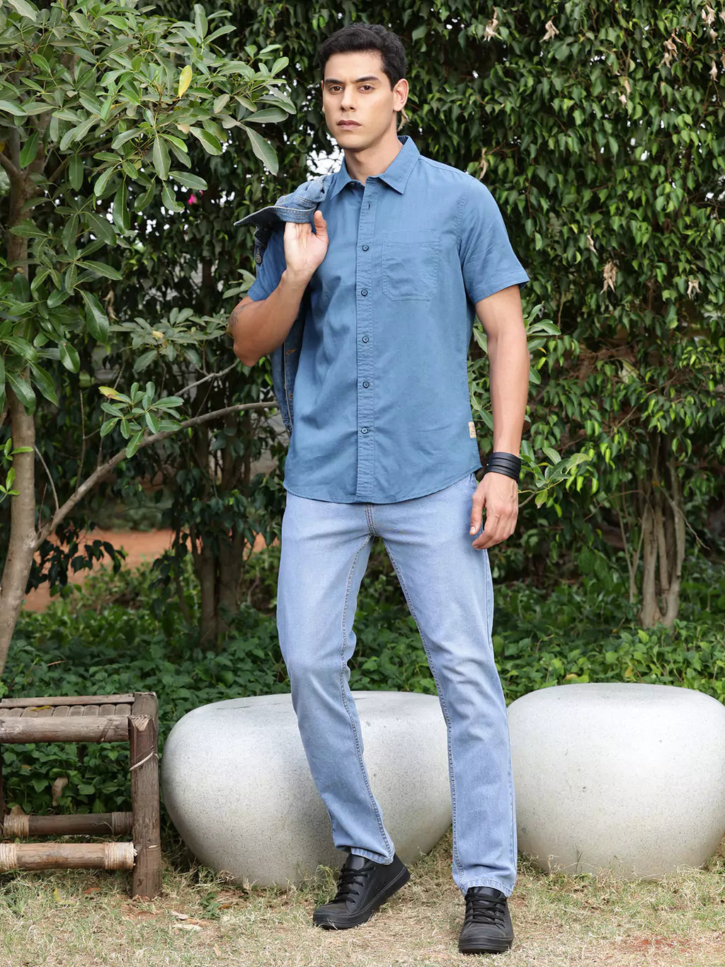 Thomas Scott Men Premium Cotton Linen Spread Collar Casual Shirt
