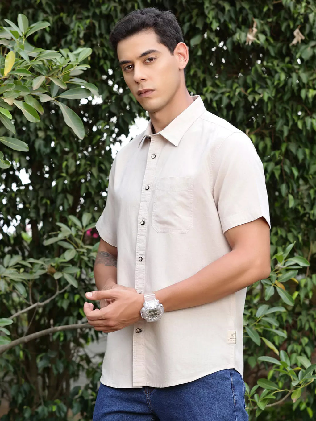 Thomas Scott Men Premium Cotton Linen Spread Collar Casual Shirt