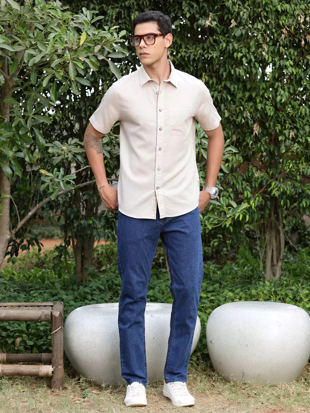 Thomas Scott Men Premium Cotton Linen Spread Collar Casual Shirt