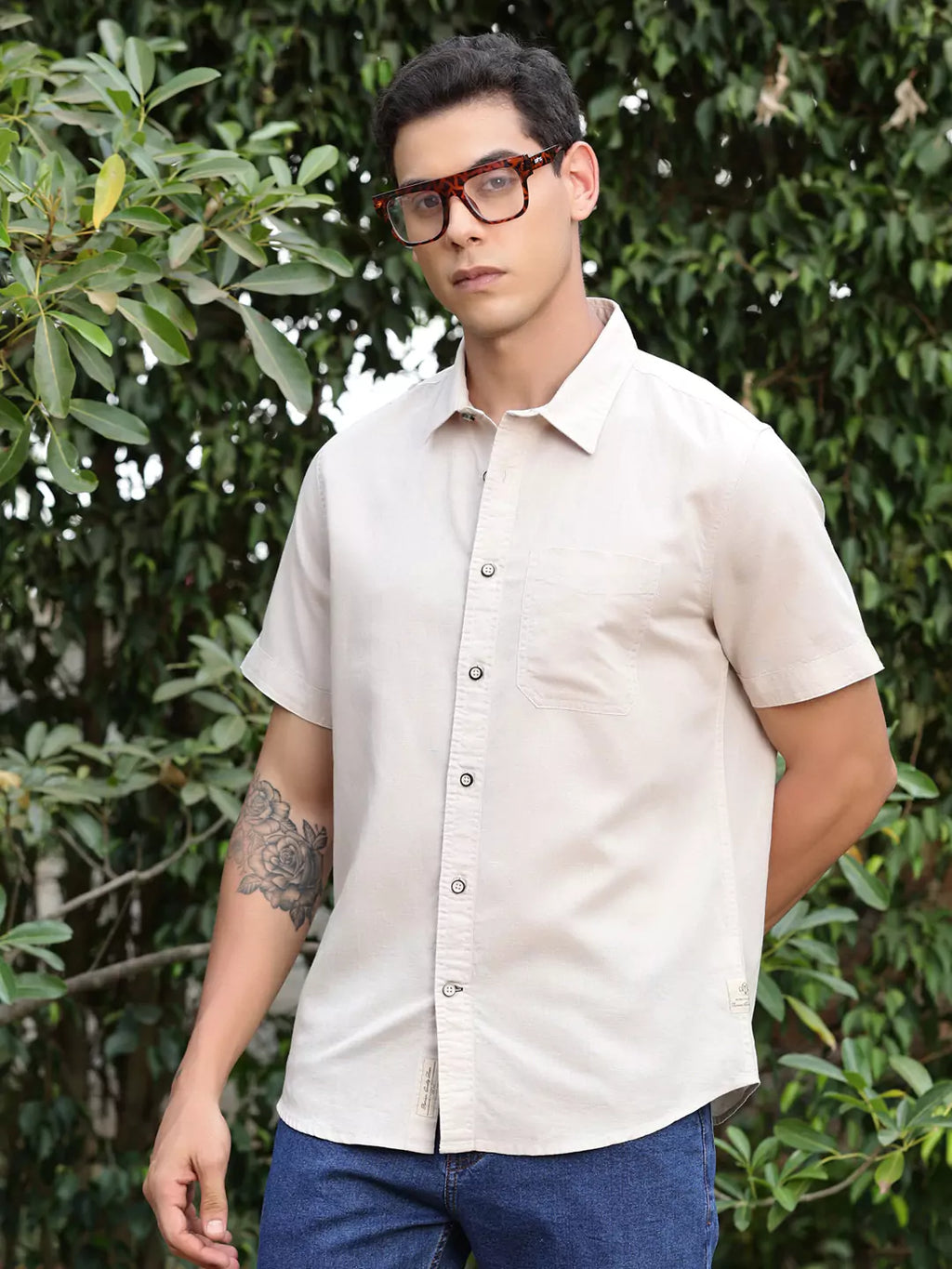 Thomas Scott Men Premium Cotton Linen Spread Collar Casual Shirt