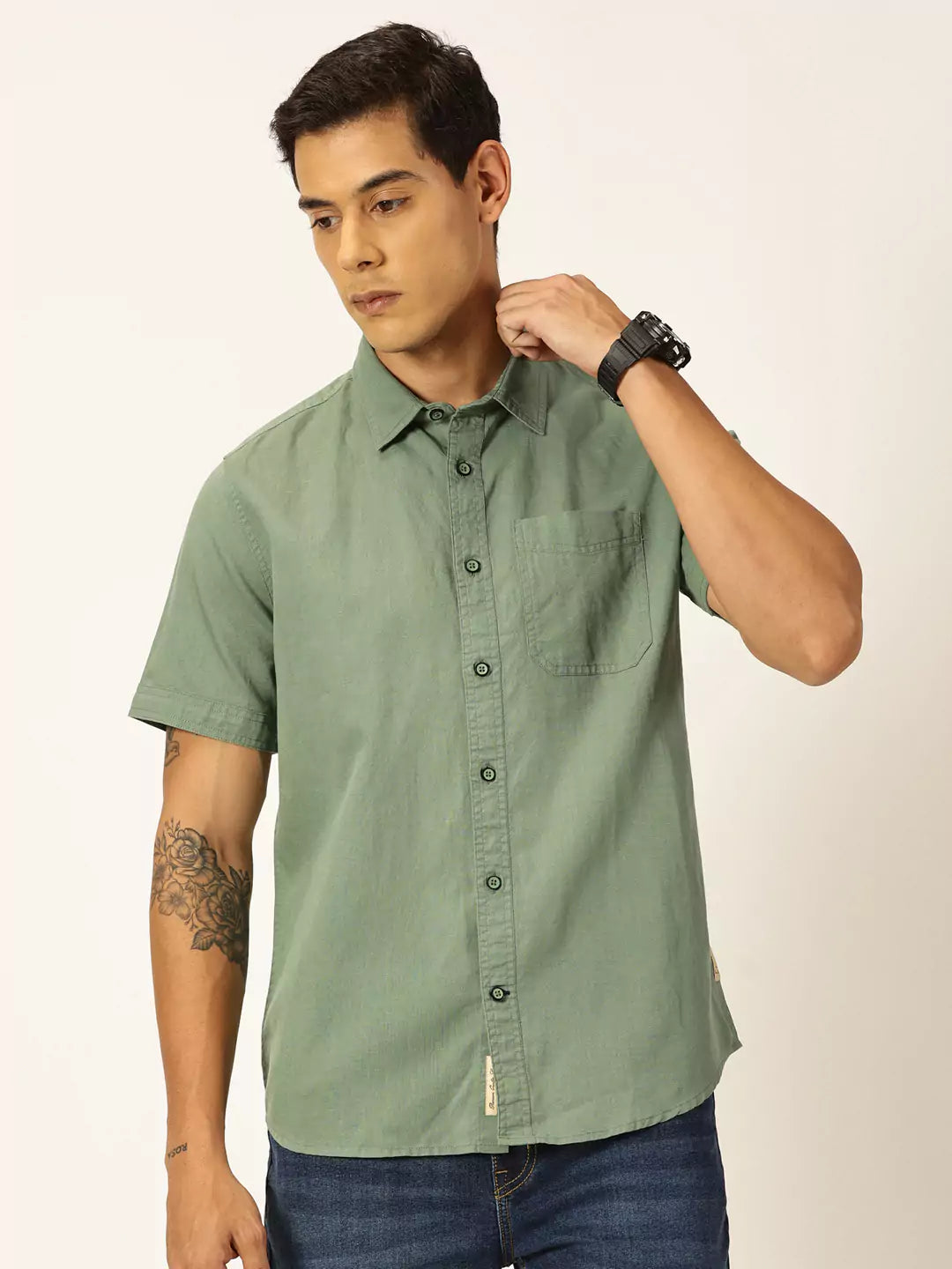 Thomas Scott Men Premium Spread Collar Cotton Linen Short Sleeves Casual Shirt